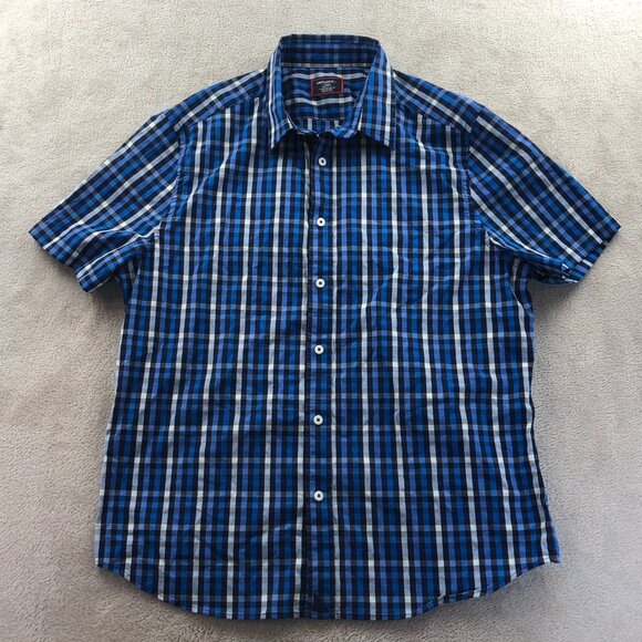 Untuckit Mens Shirt Large Short Sleeve Dark Blue Check Button Up Classic Casual - Picture 10 of 11